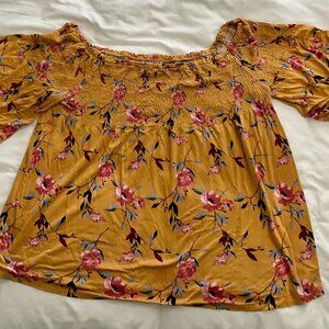 Women's Flare Short Sleeve Off The Shoulder Floral Yellow Summer Top XXL